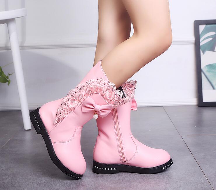 Children's Snow Boots New Winter Girls Mid-calf Lace Bow Zip with Plush Warm Waterproof Leather Boots Kids Princess Tall Boots