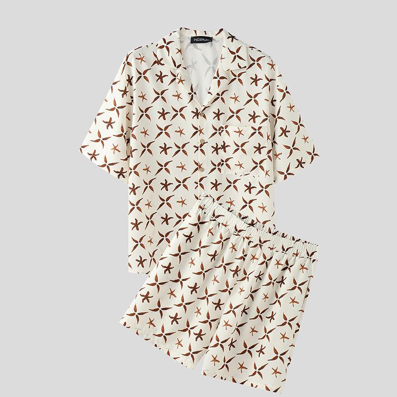 

INCERUN Two Pieces Men Lapel Print Short Sleeve Shirts Shorts Hawaiian Casual Sets 4XL красный