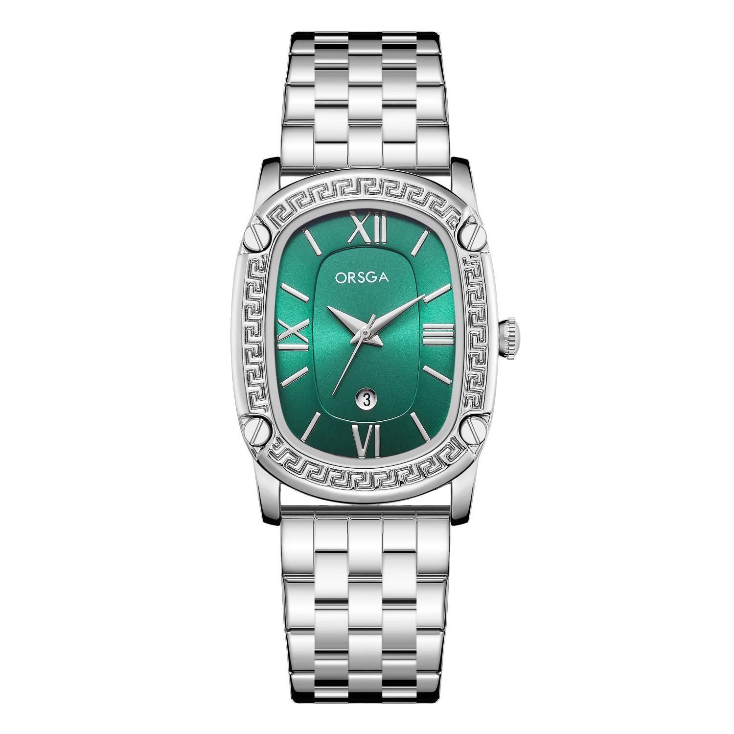 Womens Analog Watch Diamond Encrusted Tonneau Watch Waterproof Steel Strap Ladies Wrist Watch with Date Silver strap