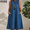 Women's Fashion Summer Spring Solid Color Print Sleeveless O-Neck Loose Waistline Casual Dresses