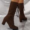 2026New Women's Boots Fashion Suede Leather Mid-calf Booties Lace-Up High-heeled Booties Casual Long Boots for Women Botas Mujer