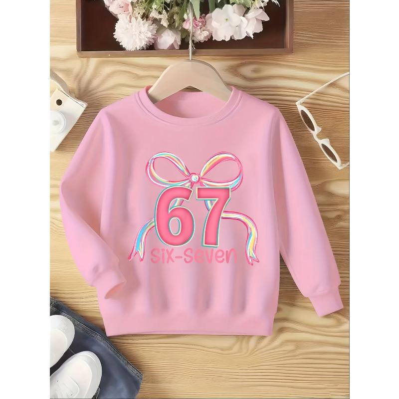 Kids Unisex Crewneck Sweatshirt, Cute Pastel Rainbow Bow Pink 67 Six-Seven Girly Print Long Sleeve Pullover, Soft Sweatshirts for Boys Girls Ages 4+