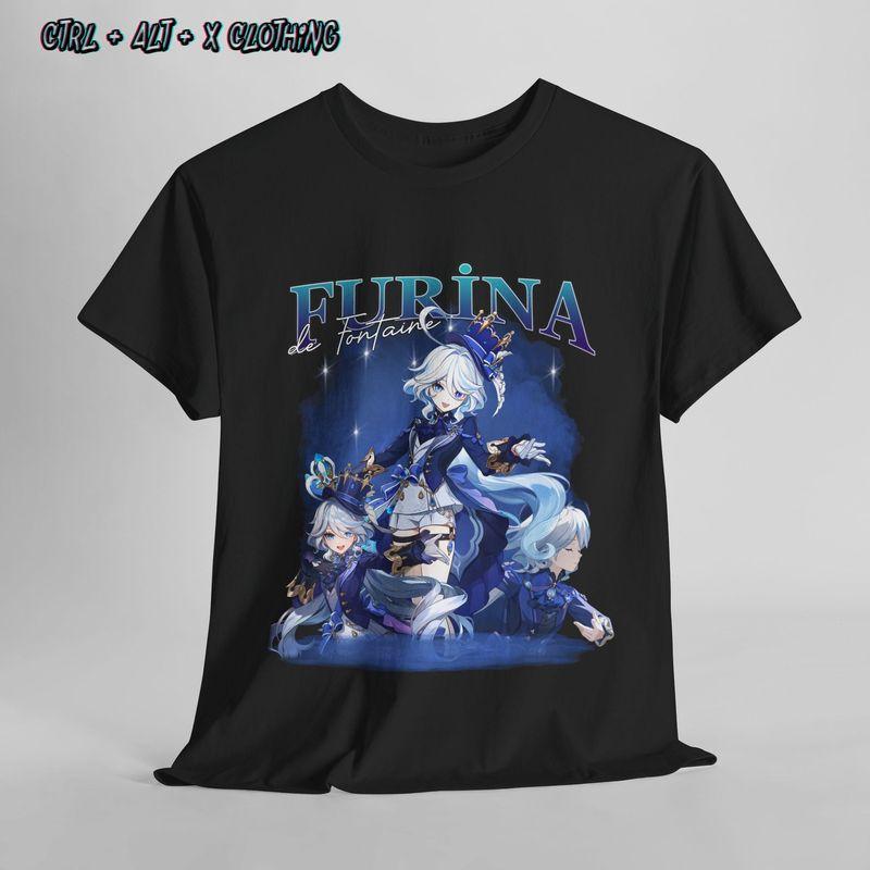 Genshin Impact Tee Furina Design Gamer Shirt Anime Graphic Top Unisex 2XL