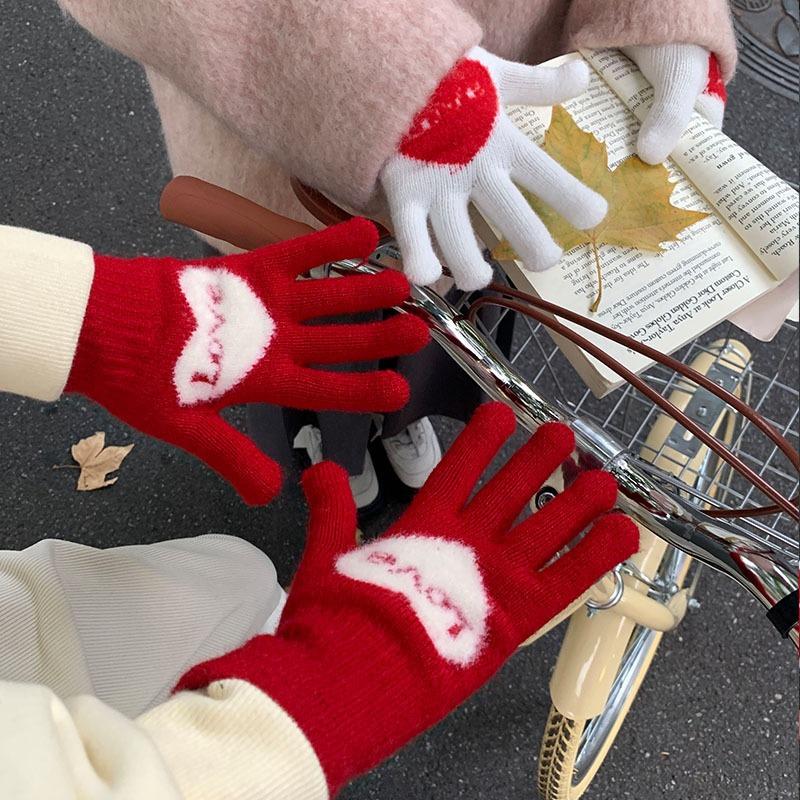 Christmas red finger gloves female winter student cute thickened plush riding warm winter tide