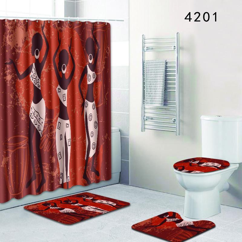 Exotic Bathroom Shower Curtain Floor Mat Toilet Cover Foot Mat Four-Piece Pattern