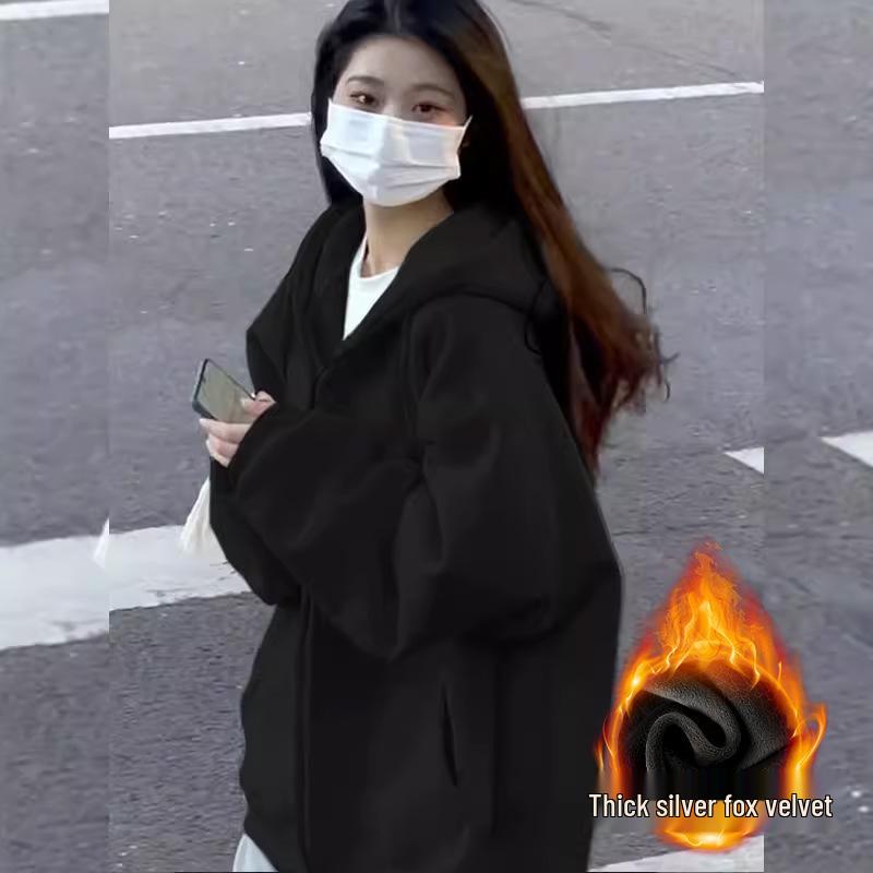 Women's Grey Hooded Fleece Sweatshirt - Slimming Thick Zip-Up Cardigan for Autumn/Winter 2025