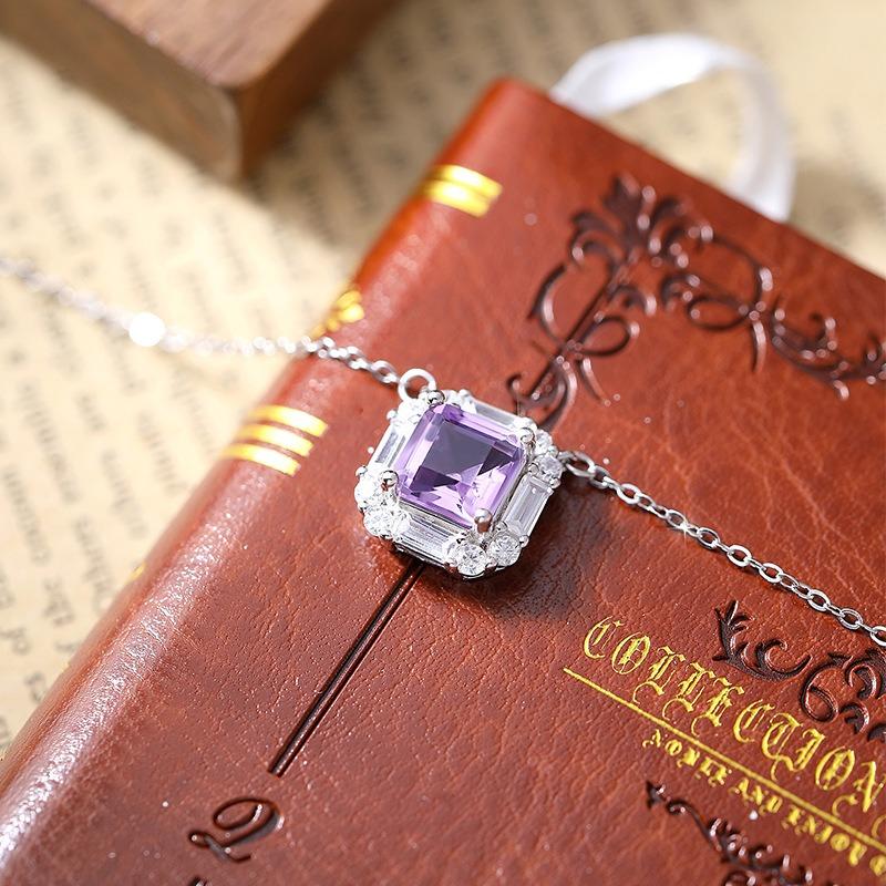 S925 Silver Necklace with Natural Amethyst/Citrine Pendant, Clear Crystal Choker for Women