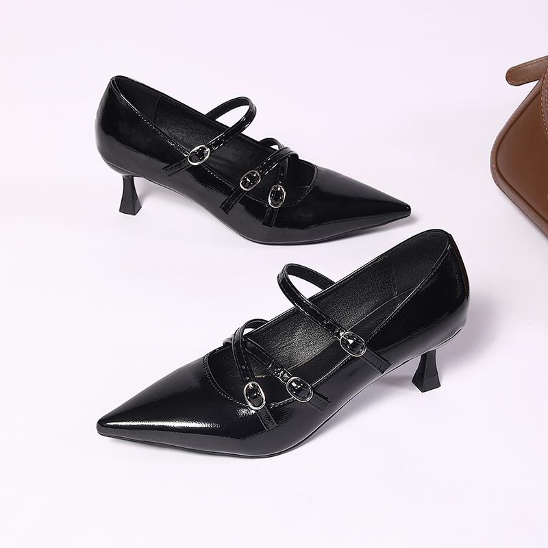 Mode Damenmode Dünner Absatz Einzelne Schuhe Frühling Neu Spitzschuh Flacher Ausschnitt Metallschnalle A-Wort-Schnalle Dünner Gürtel Niedrige Absatzschuhe