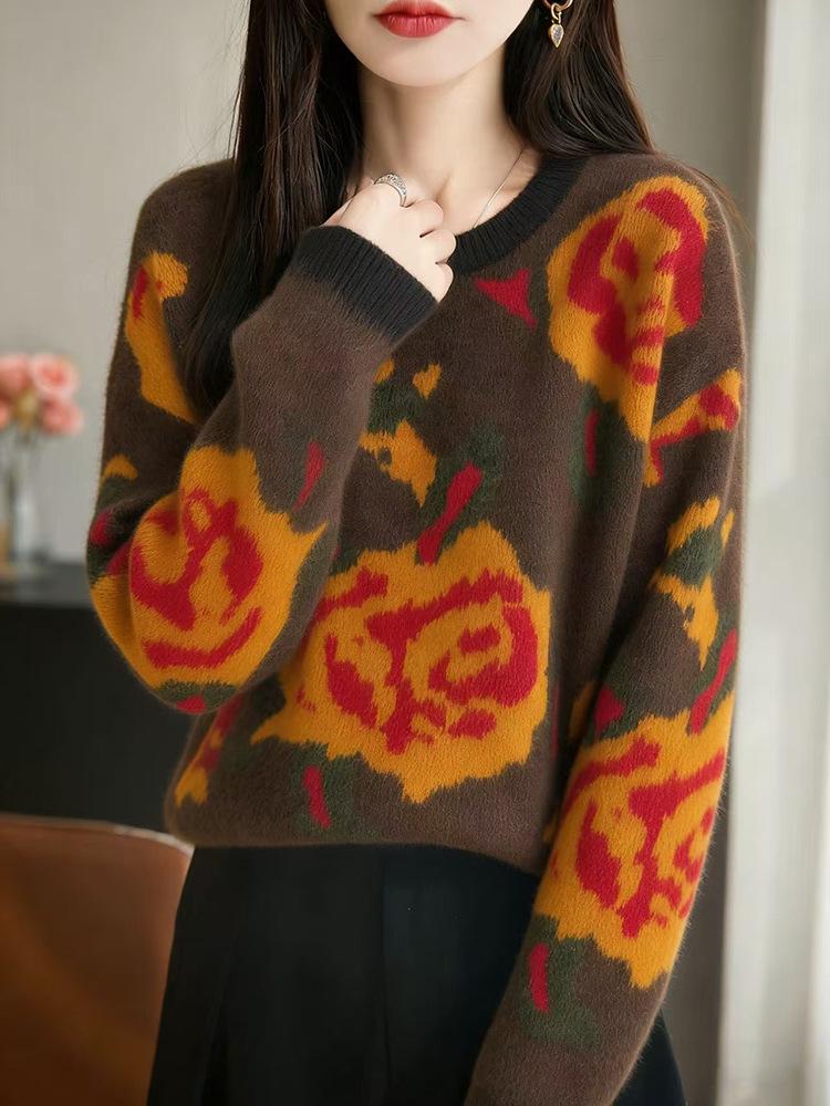 Women's Autumn Winter Rose Jacquard Sweater - Thick, Loose Knitwear with Fashion Design