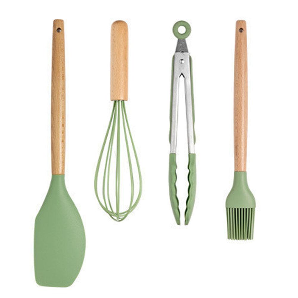 

Avocado Green Silicone Kitchenware Cooking Utensils Set Non-stick Cookware Spatula Egg Beaters Wooden Handle Kitchen Tool Set