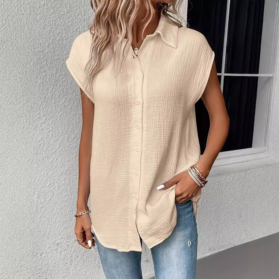 

Жіночі бавовняні сорочки вінтажні однотонні з коротким рукавом на ґудзиках Хараджуку вільні блузки та топи повсякденна жіноча туніка оверсайз футболка XL бежевий