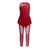 Girls Gymnastics Jumpsuit Shiny Rhinestones Sleeveless Keyhole Back Full Length Skirted Bodysuit