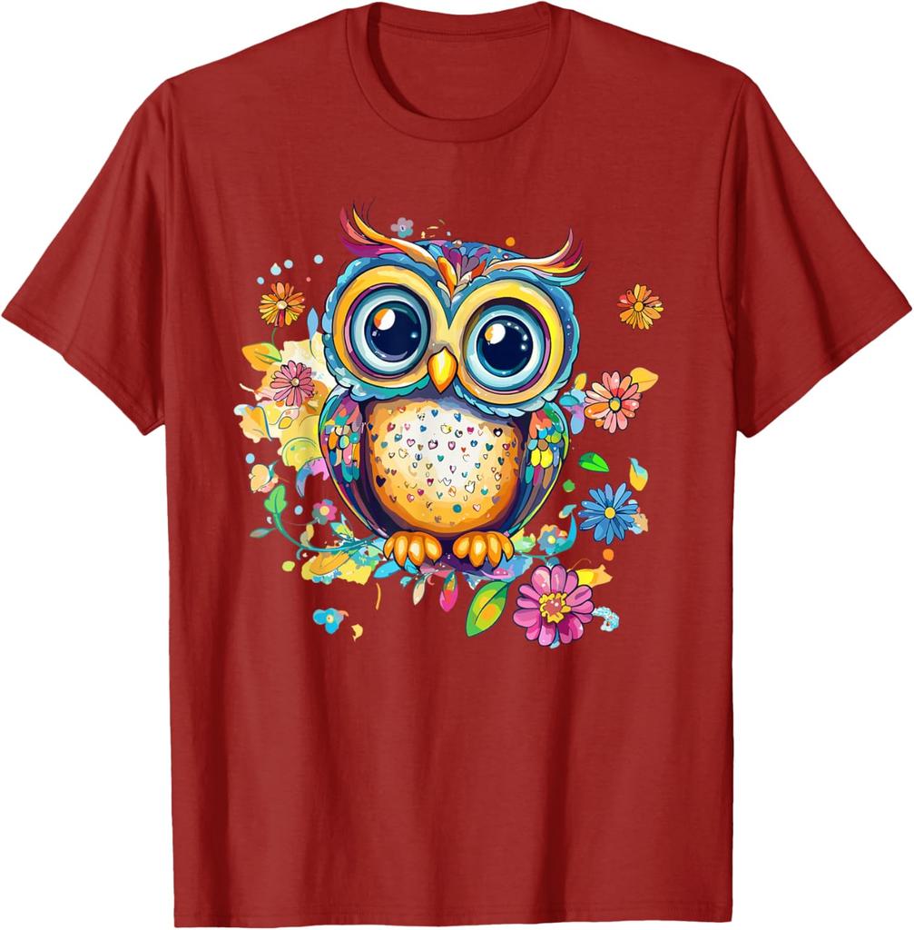 Vibrant Owl With Colorful Flowers Graphic T-Shirt Casual Cotton Print Crewneck Tee