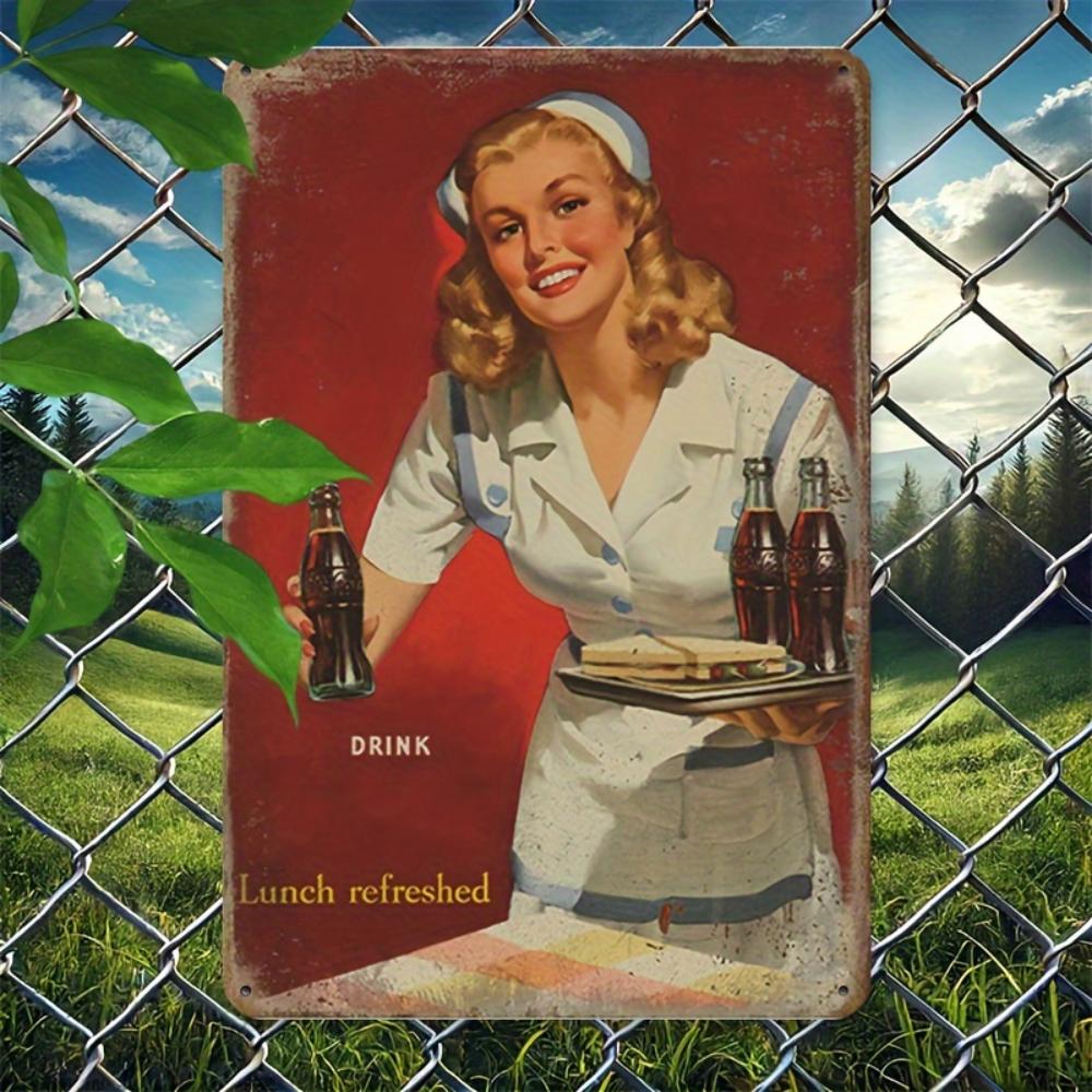 Vintage 1950s Style Metal Sign: "Drink - Lunch refreshed" Iron Artwork Decorative Wall Plaque for Restaurants, Cafes, Bars