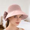Bucket Hat Bow Decor Sun Protection Large Ruffled Brim Beach Hat Breathable Hollow Woven Top Foldable Travel Hat