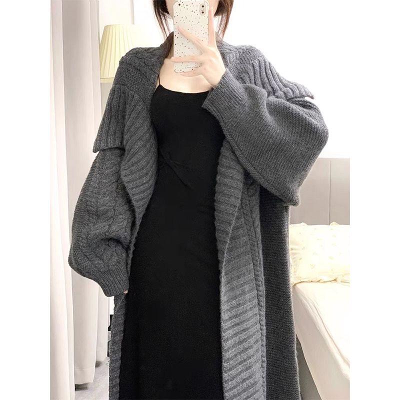 

French Retro Long Knit Cardigan with Turn-Down Collar - Loose, Cozy Sweater for Tall Individuals (Autumn/Winter) L 100-115 jin