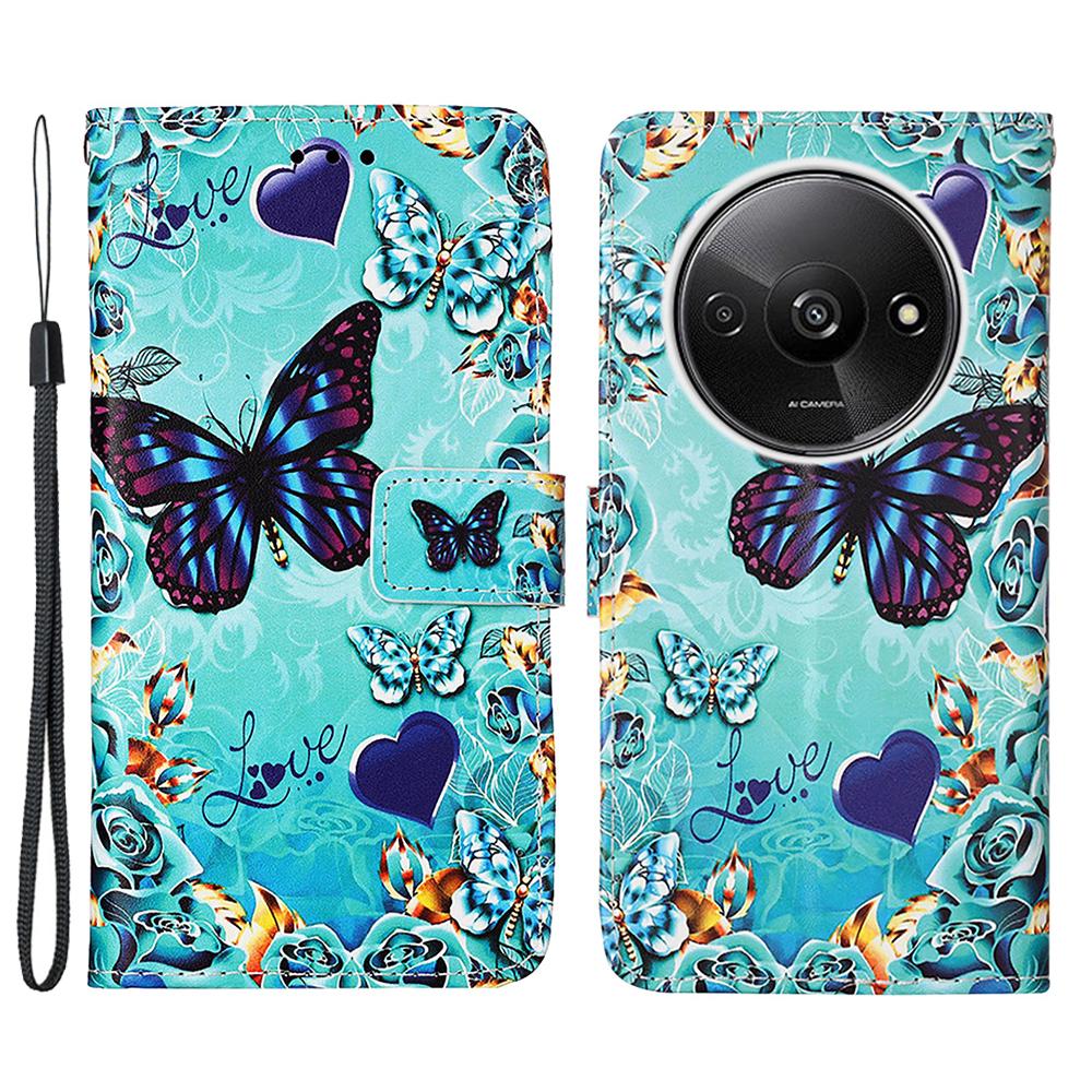 For Xiaomi Redmi A3/Poco C61 4G Leather Case with Strap and Card Holder Pattern Printing Phone Stand Cover