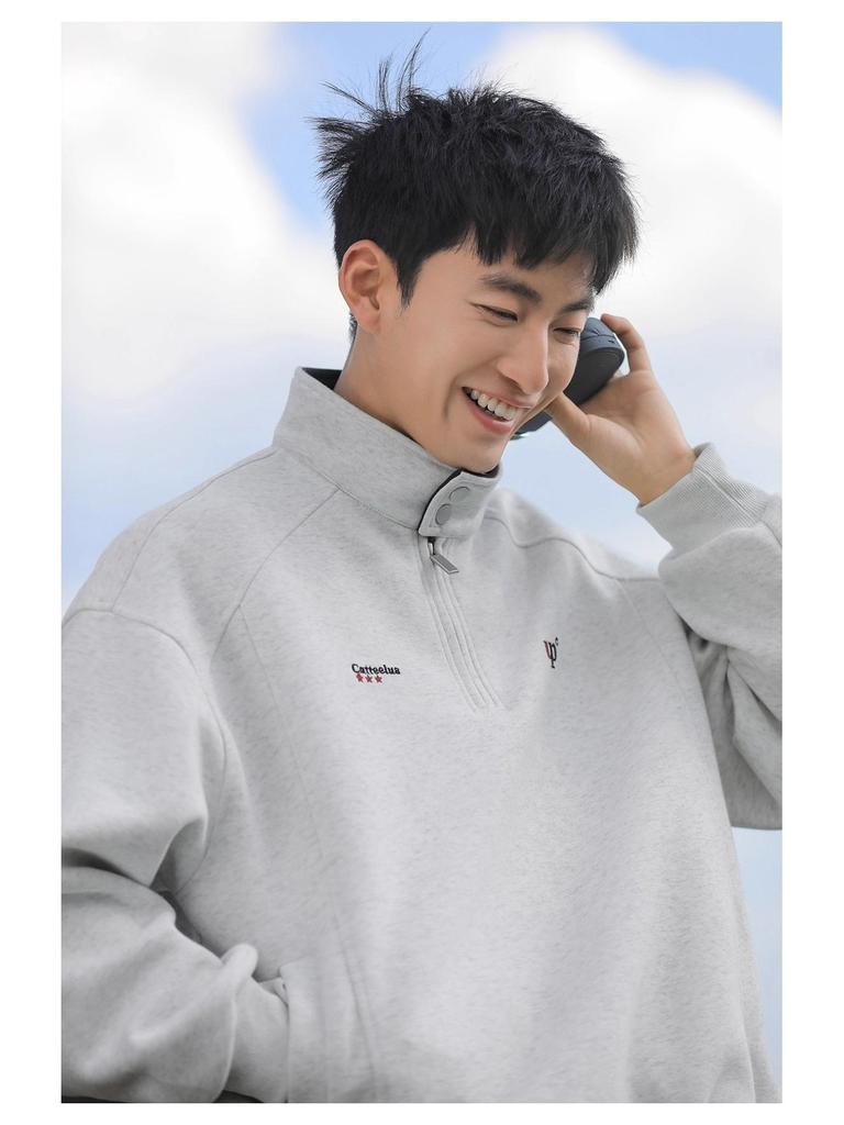 American National Tide Men's Plus Velvet Half-Zip Hoodie - Cozy Autumn/Winter Casual Street Style Loose Stand Collar Jacket
