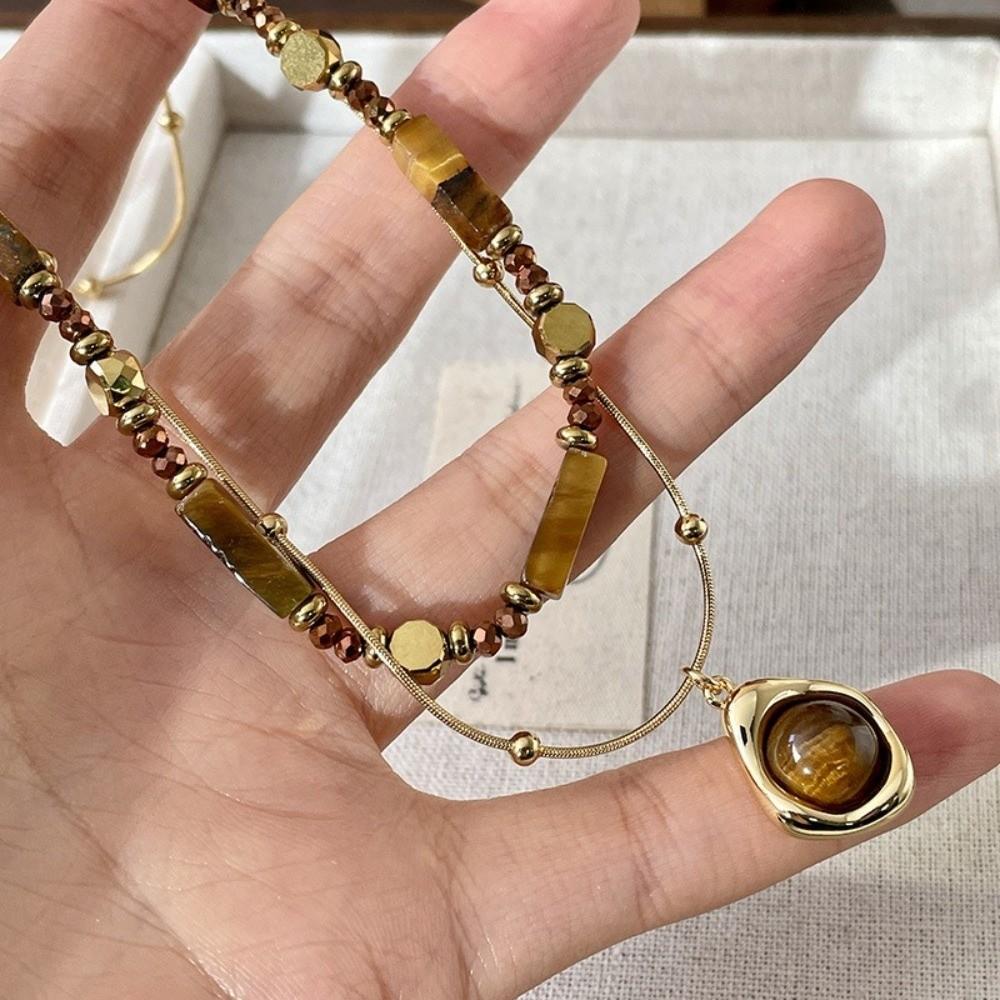 Stacking Sweater Chain Alloy Clavicle Chain Retro Tiger Eye Stone Pendant Necklace