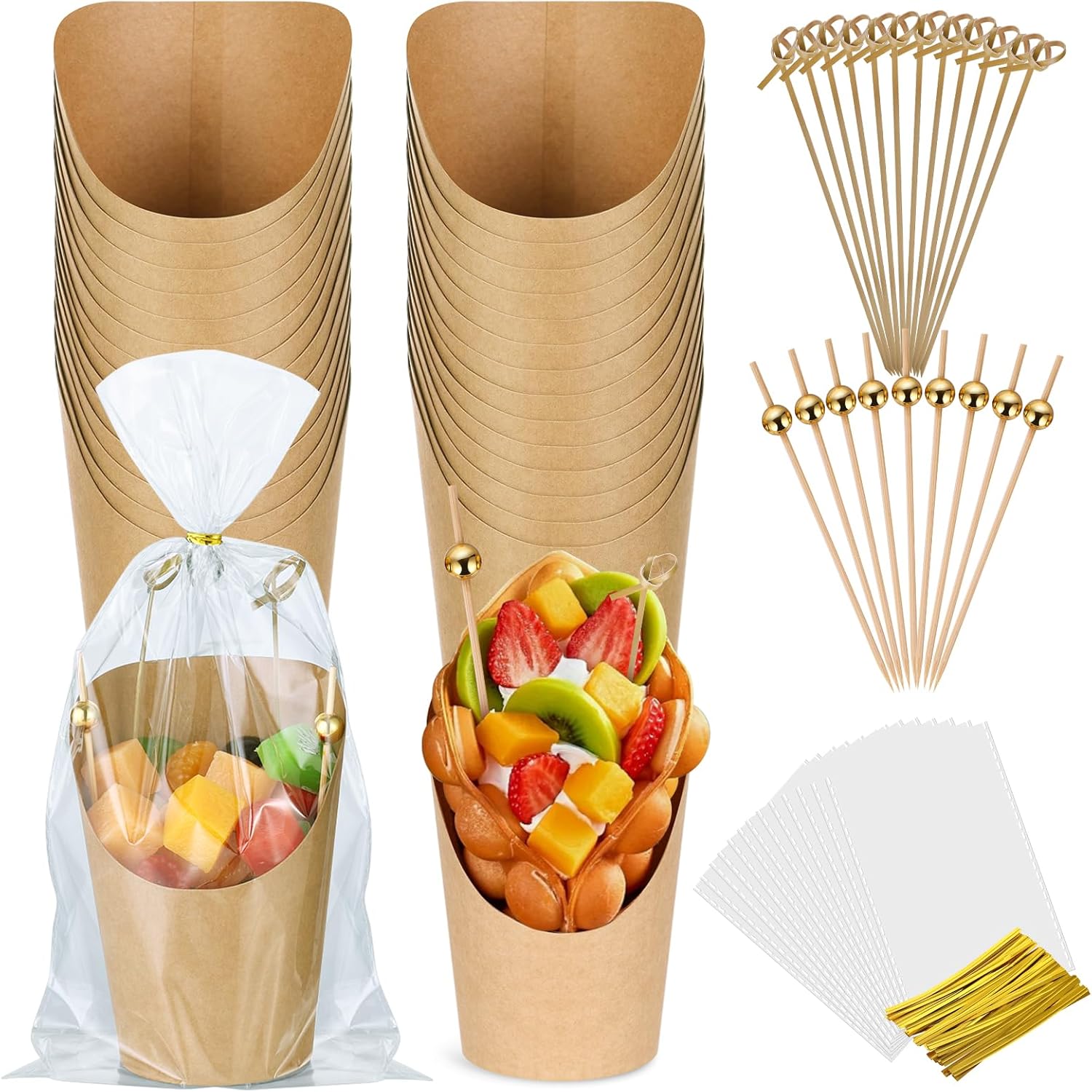 100 Sets Charcuterie Cups, Disposable Appetizer Cups, 4 oz Brown Kraft Paper Snack Boxes (100 Cups+100 Bags+200 Sticks) 100pcs