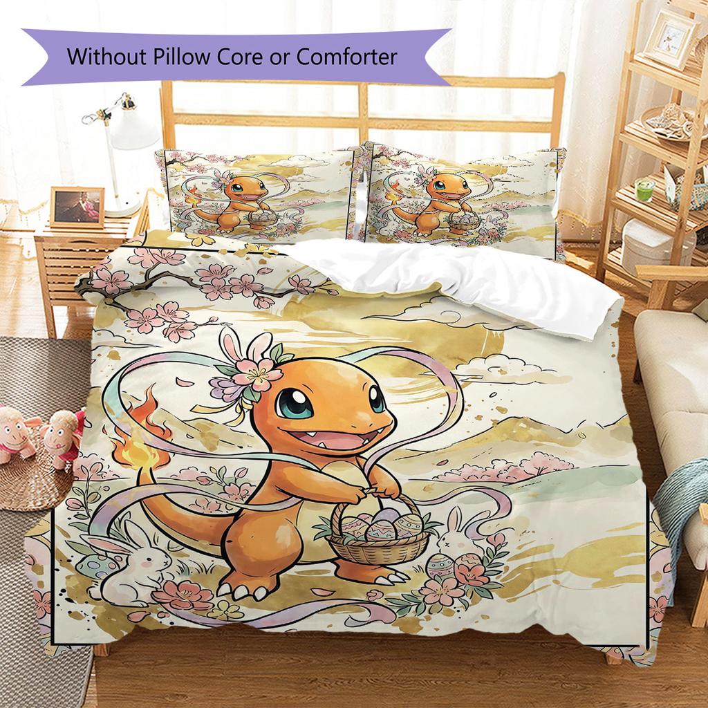 Velikonoční Pokemon Vzor Povlečení Sada Přikrývek Potah na Přikrývku Povlak na Polštář Domácí Dekorace Dárek k Narozeninám (1 * povlak na peřinu + 2 * povlak na polštář, bez jádra)