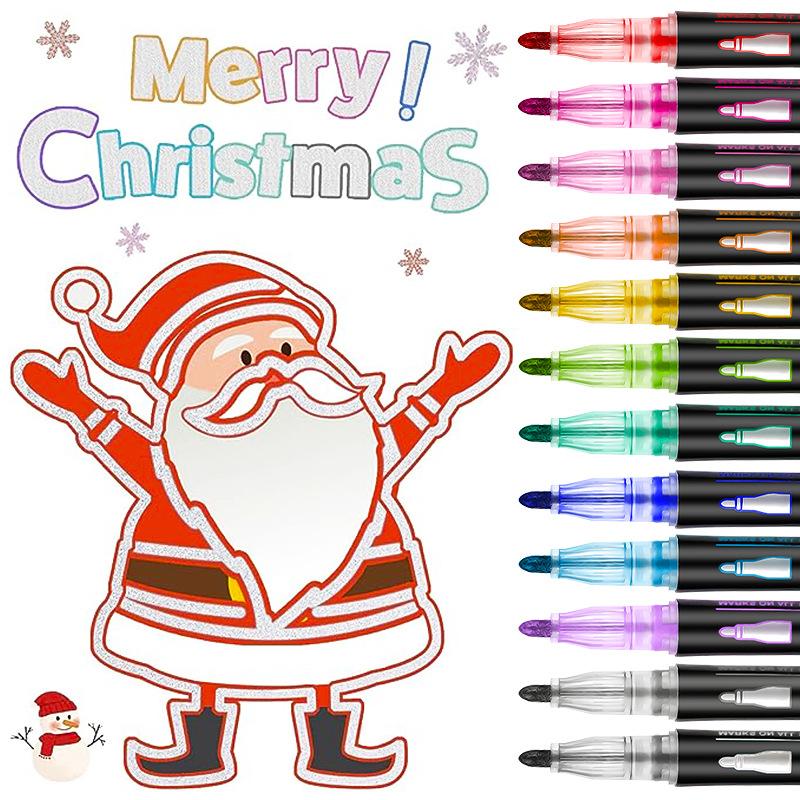 New12 Colors/set Self-Outline Metallic Markers Glitter Writing Drawing Pens For Christmas Card Writing 2 Line Outline Pens