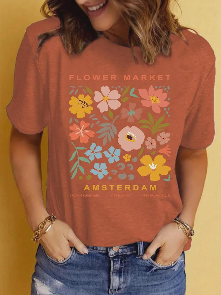 Women's Summer Patterned Round Neck Short-Sleeve Casual T-Shirt