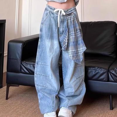 Y2K Cargo farmernadrág Női Utcai Kockás Patchwork Széles szárú Farmernadrág Nyári Harajuku Koreai Laza Egyenes Nadrág