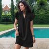 Summer Women Loose Dress Solid Color Standing Collar Lotus Leaf Sleeve Elegant Casual