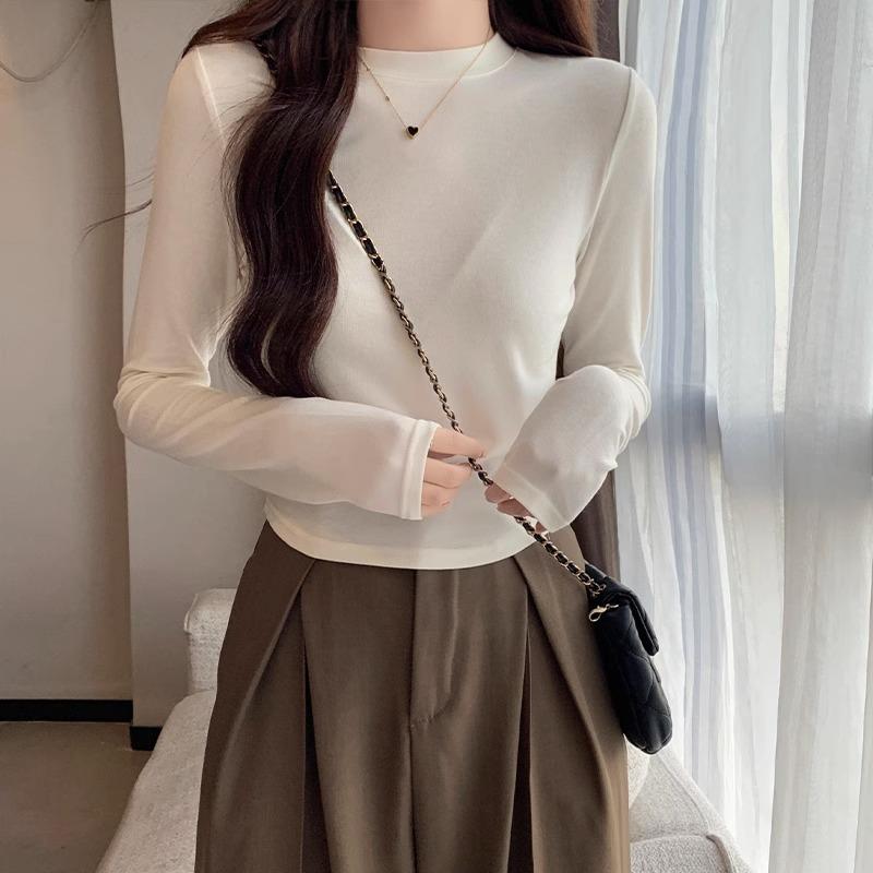 Designed Slim-fitting Right-shoulder Long-sleeved Round-neck Stretch T-shirt for Women In Early Autumn New Style High-waisted Short Bottoming Top