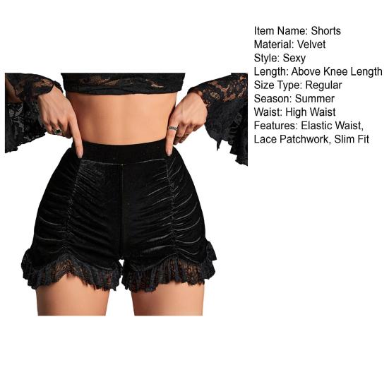 Pantaloni scurți de damă Culoarea dantelă Elastic înalt Stil întunecat Talie Slim Fit Patchwork Pliat Tiv neregulat