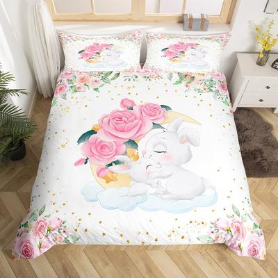 Kinder Rosa Rose Kaninchen König Königin Bettbezug Cartoon Tier Bettdeckenbezug Rose Mond Floral Bettwäsche Set Polyester Steppdeckenbezug