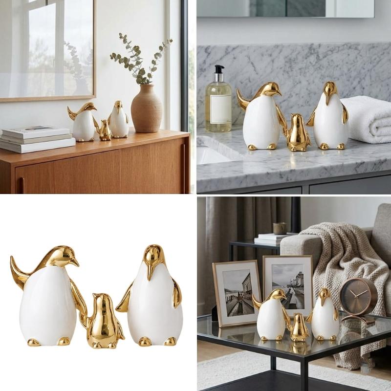 Elegant Ceramic Penguins Family Ornament 3Pcs Animal Sculpture Set Modern Home Office Decors
