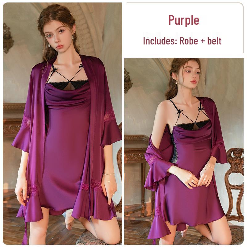 DZ Rose Satin Lace See-Through Deep V Suspender Skirt with Outer Robe Home Set
