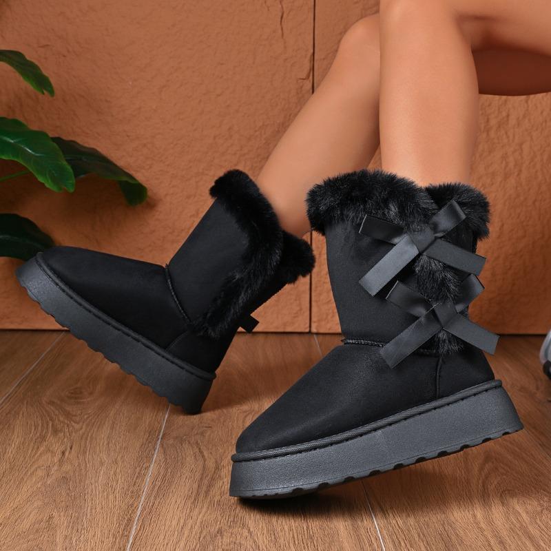 Plus Size Snow Boots Winter New Round Toe Suede Sleeve Bow Platform Non-Slip Flat Cotton Shoes