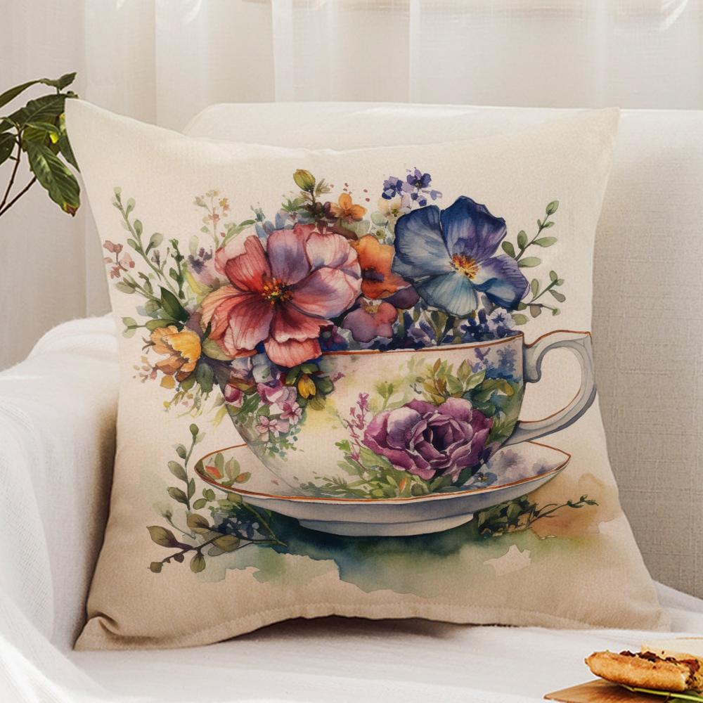 Painting Cup of Flowers Cushion Cover Premium Comfort Reversible Pillow Cover - Dual - Use Design for Home & Car