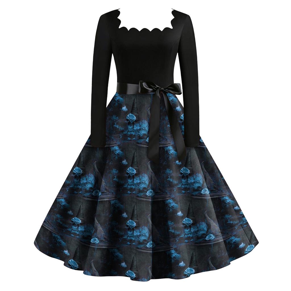 Women's Vintage Square Neck Long Sleeve Dress with Halloween Print for Evening Party