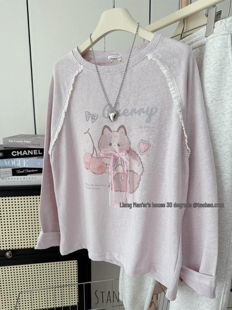 Plus Size Cherry Cat Cotton T-shirt with 3D Butterfly Design