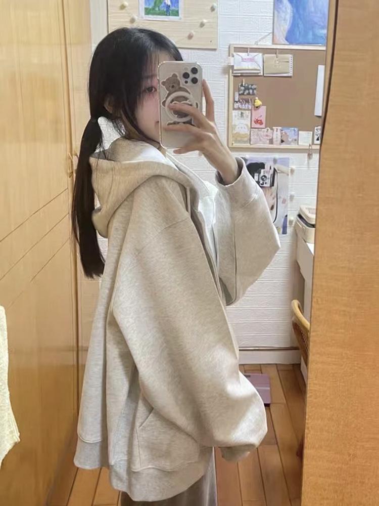 Women's Grey Hooded Fleece Sweatshirt - Slimming Thick Zip-Up Cardigan for Autumn/Winter 2025