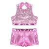 Kids Girls Two-Piece Dance Set Sequined Sleeveless Crop Top Metallic Bottoms Performance Outfit