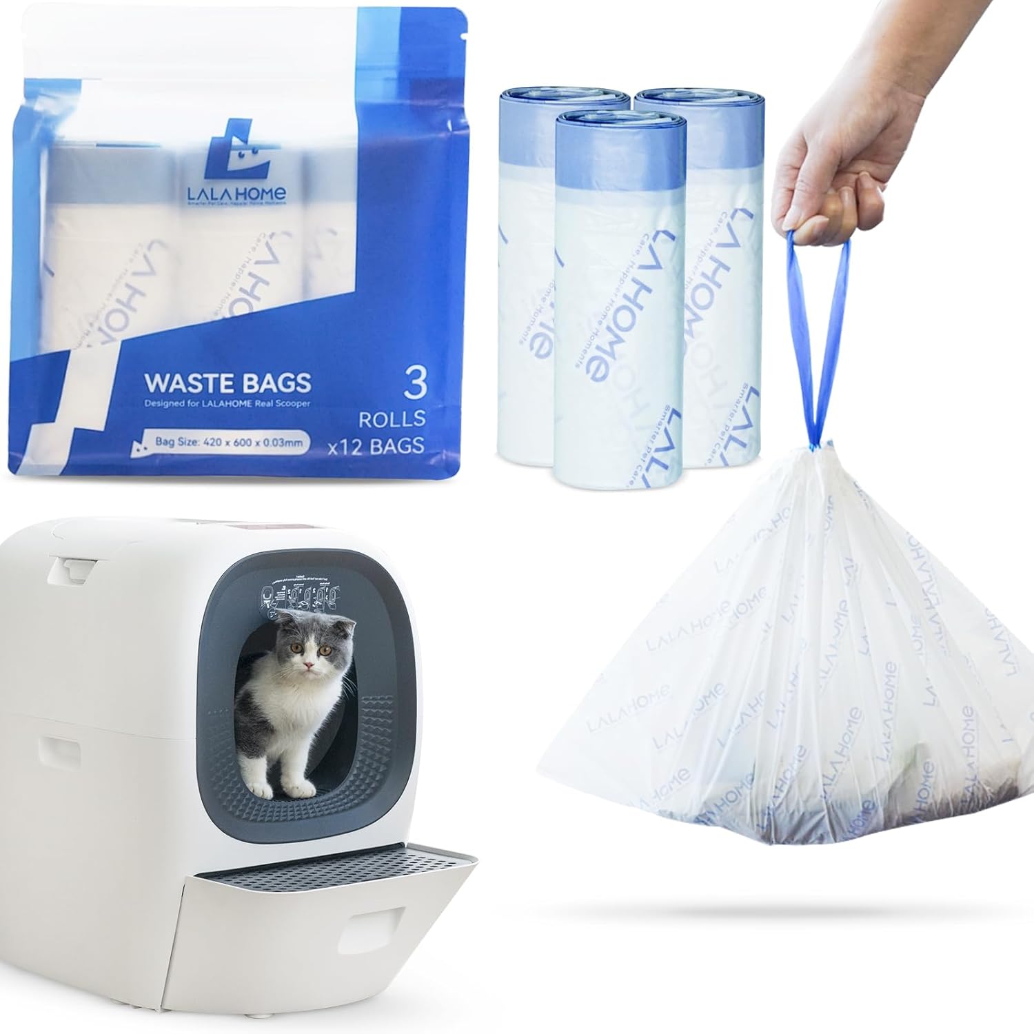 Self-Cleaning Litter Box Liner Bags Automatic Cat Litter Box Refill Bag Compatible with RealScooper, 36 Count Drawstring Replaced Trash Bag Waste Bag