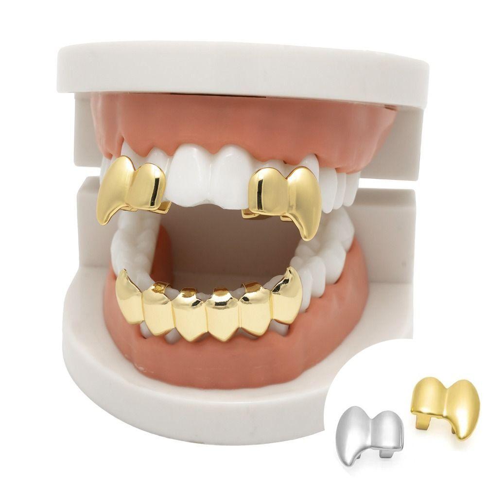 2Pcs/Set Double Glossy Tooth Caps Gold Silver Color Fangs Dental Grills  for Women Men