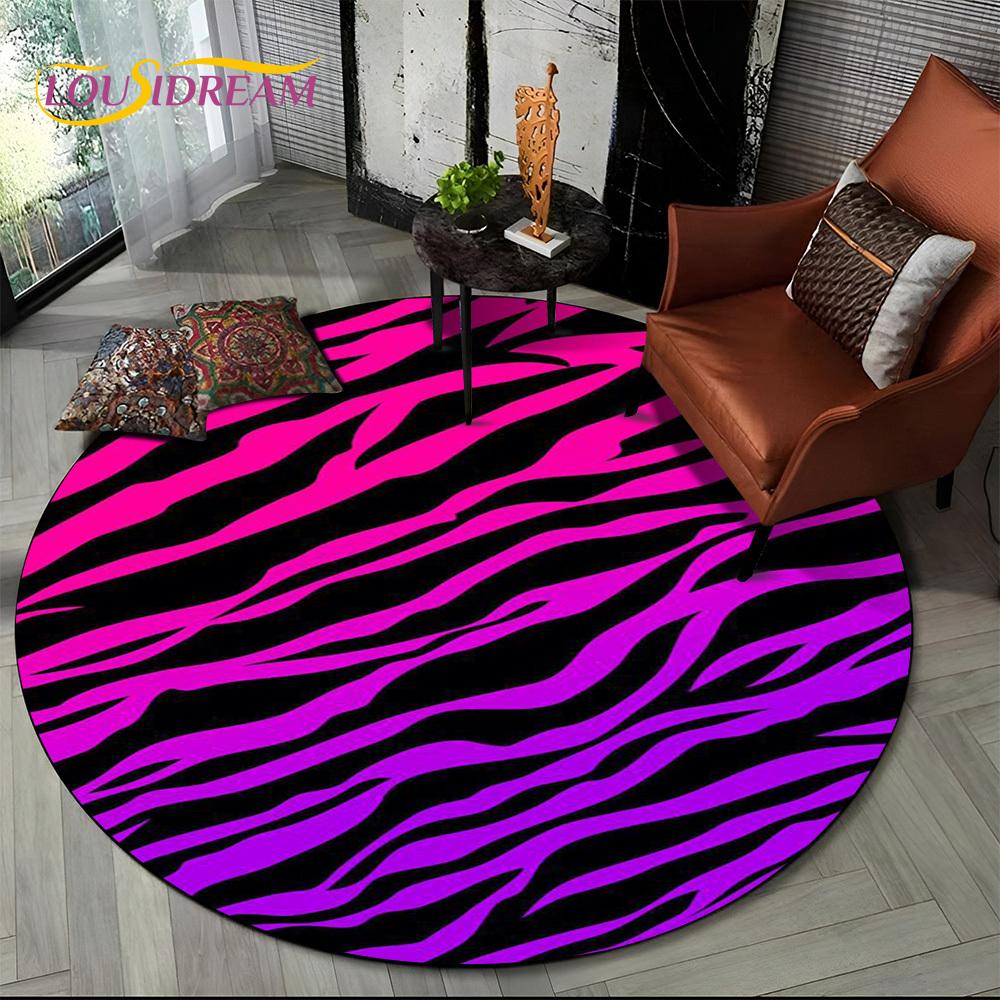 3D Barevný Pruhovaný Vzor Zebra Kulatý Koberec pro Obývací Pokoj, Ložnici, Dětský Herní Koutek Dekor, Protiskluzová Podložka do Zóny pro Domácí Mazlíčky