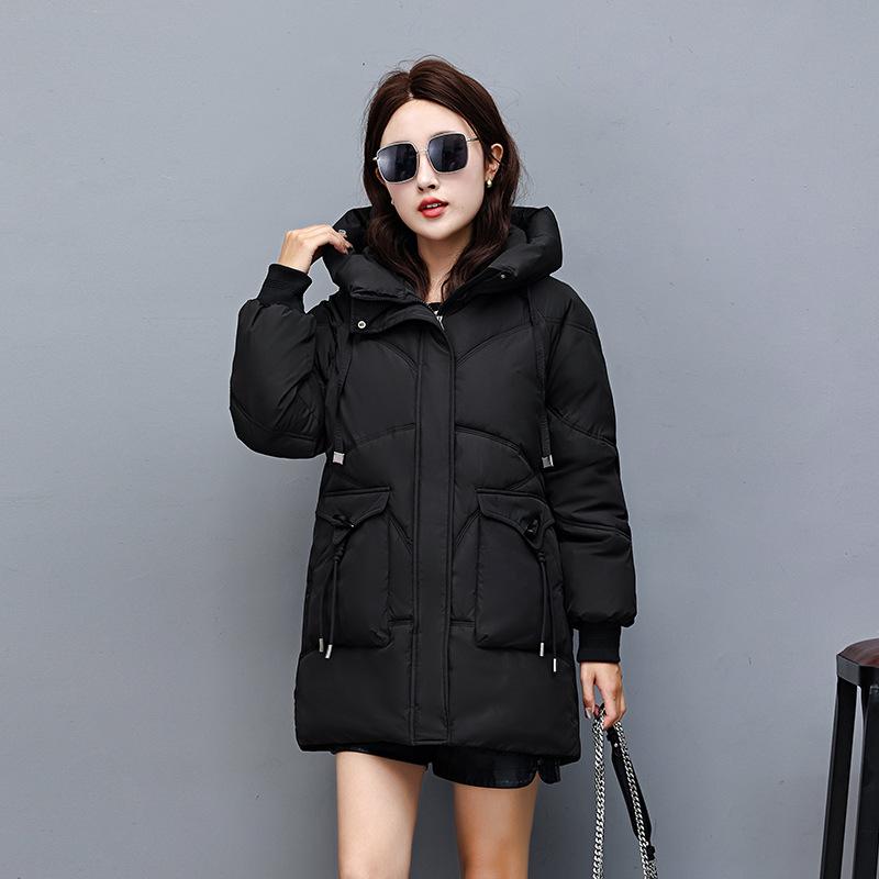 2025 new down cotton jacket mid-length thickened hooded padded jacket Korean version loose cotton jacket winter warm jacket for women
