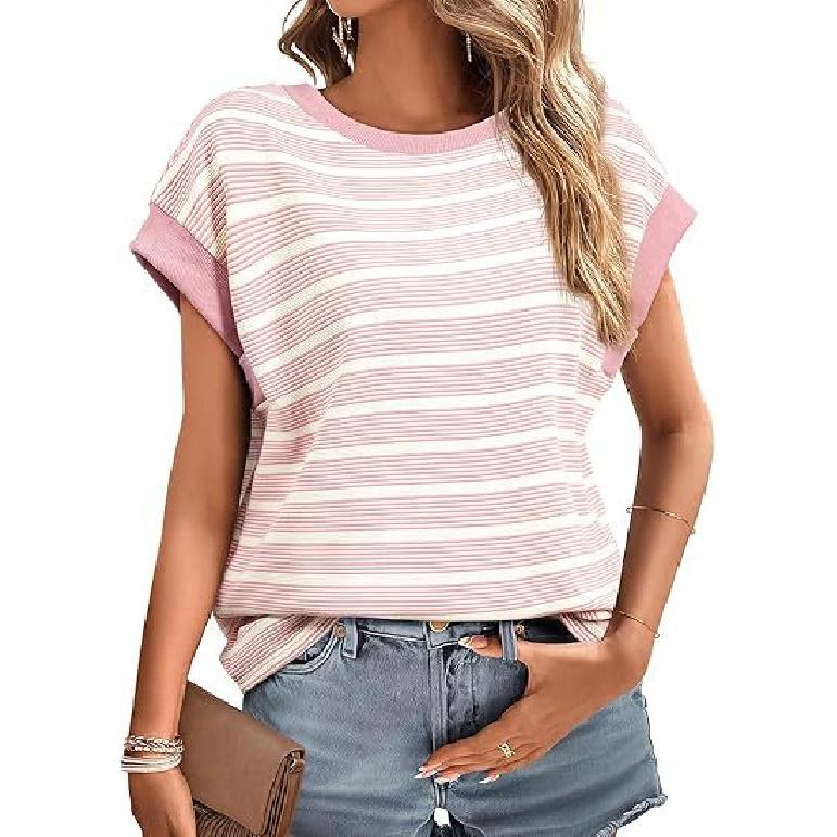 2026 Women s Summer Round Neck Striped Knit T-Shirt Fashionable Spring Loose T-Shirt Blouse S розовый