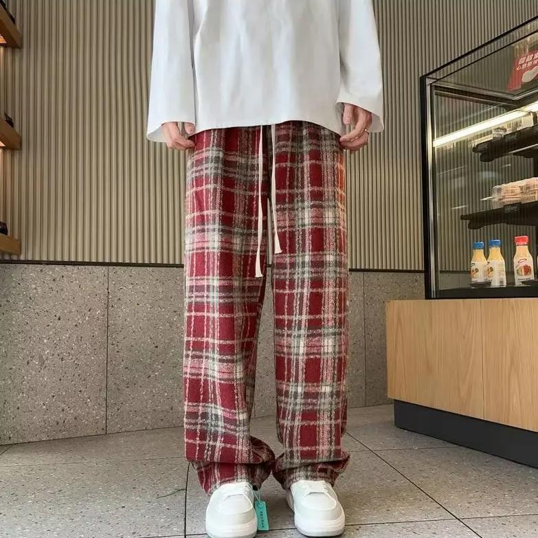 Woolen Fleece Lined Plaid Pants High Waisted Classic Vintage Black Casual Straight Leg Pants Slimming Bell Bottoms For Men Women