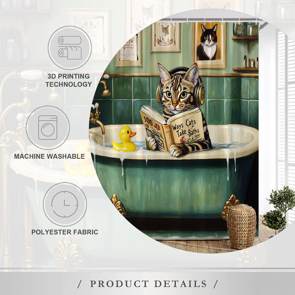 Cute Cat Reading in Bathtub Waterproof Shower Curtain for Modern Bathroom Decor, Stylish and Durable, Perfect for Home Use