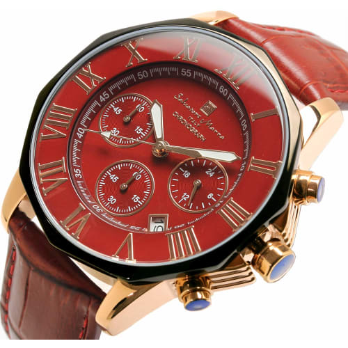 Salvatore Mara Watch Red Chronograph 10 ATM Water Resistant Business Formal Men's Leather Belt