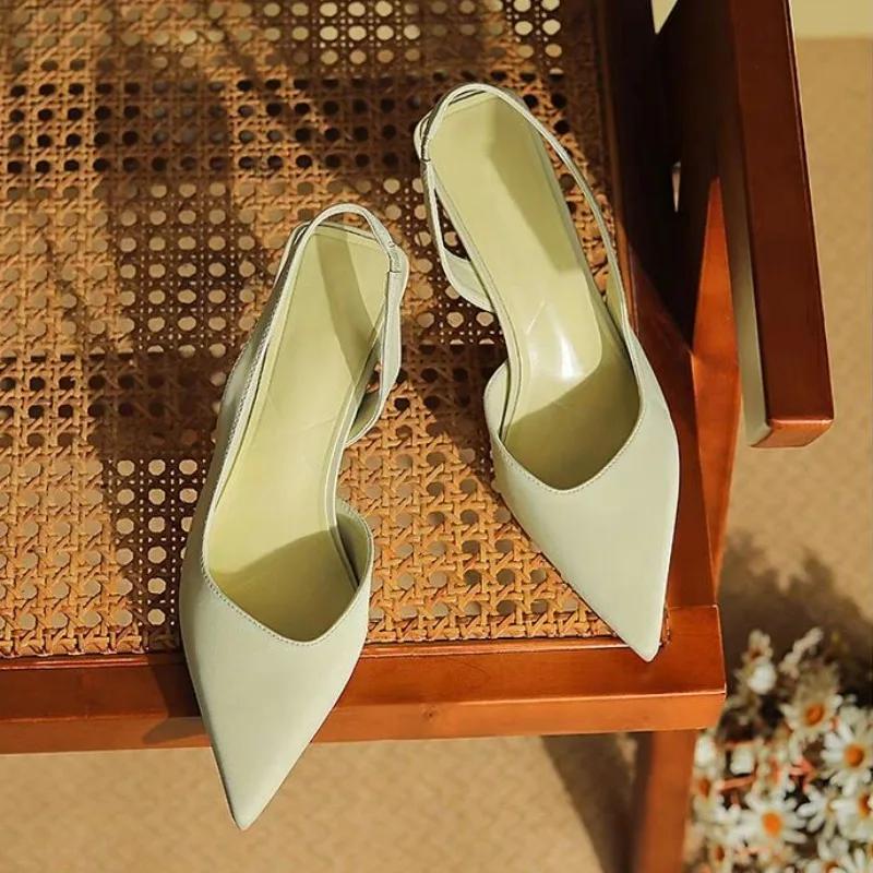 Fashion Women Summer Shoes 2025 New Fashion Pointed Toe Stiletto Medium Heel High Heels Women Back Empty Toe Sandals Green Women's Shoes