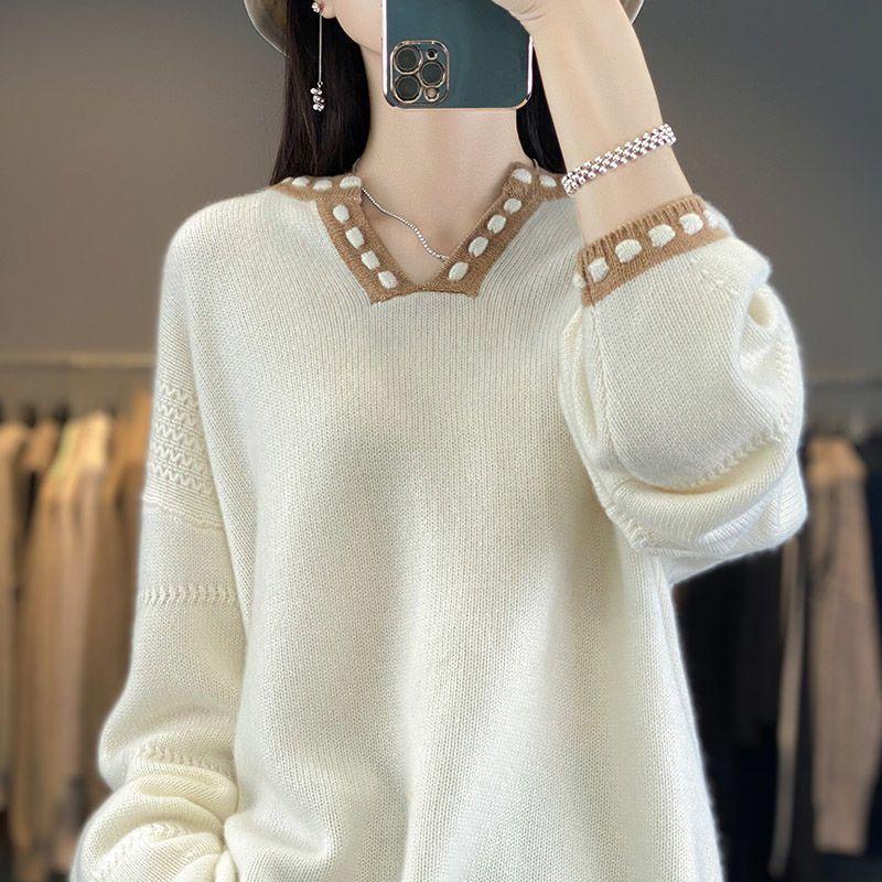 Korean Style Oversized Loose Knit Sweater Casual V Neck Pullover Color Block Tops for Women Autumn